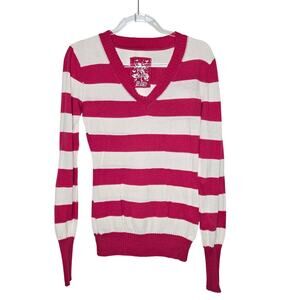 PacSun Nollie Pink/White Striped V-Neck Pullover Sweater Womens SZ LG Y2K 2000s